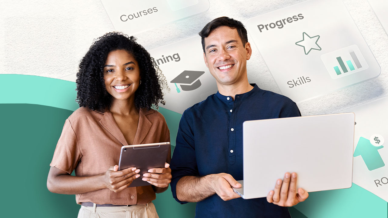 Two smiling learners holding a tablet and laptop beside course, progress and skills labels