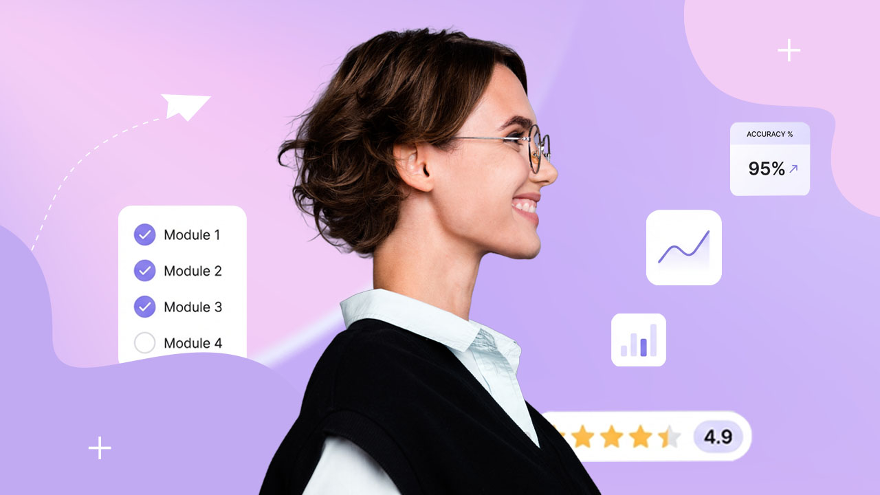 Woman in glasses beside a module checklist, 95% assessment accuracy and a 4.9 star rating