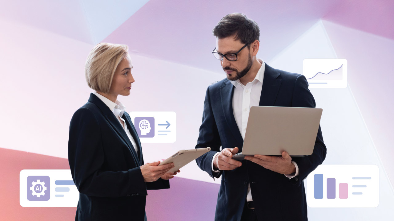 Two professionals discussing AI-powered insights on a laptop and tablet