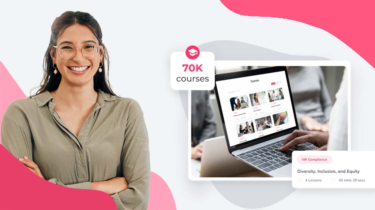 Smiling woman beside a laptop showing a course library with 70K courses