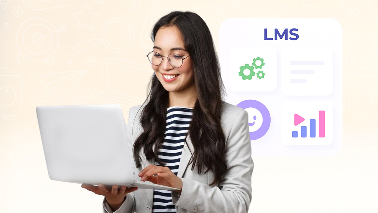 Woman in glasses using a laptop beside an LMS panel with settings and analytics icons