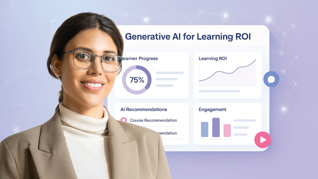 Smiling woman in glasses beside a generative AI for learning ROI dashboard
