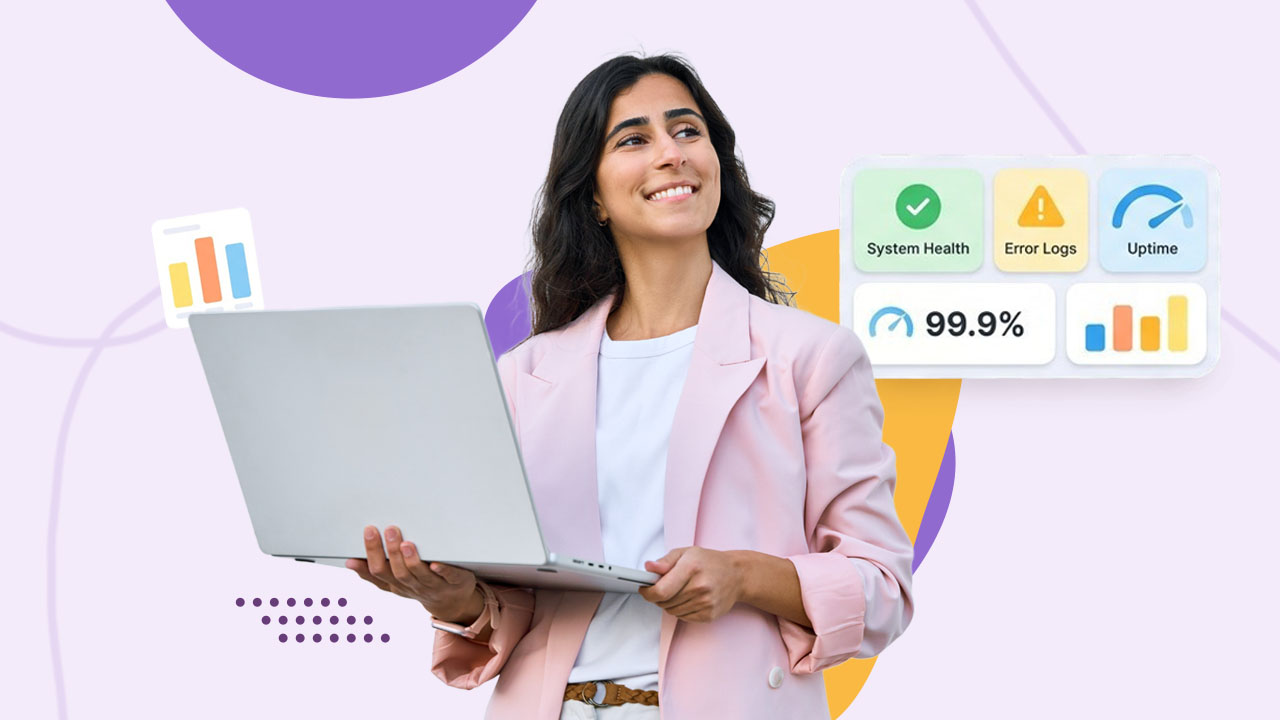 Smiling woman holding a laptop beside system health, error log and 99.9% uptime cards