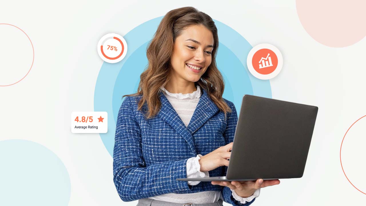 Smiling woman holding a laptop beside a 4.8 out of 5 rating badge and analytics icons