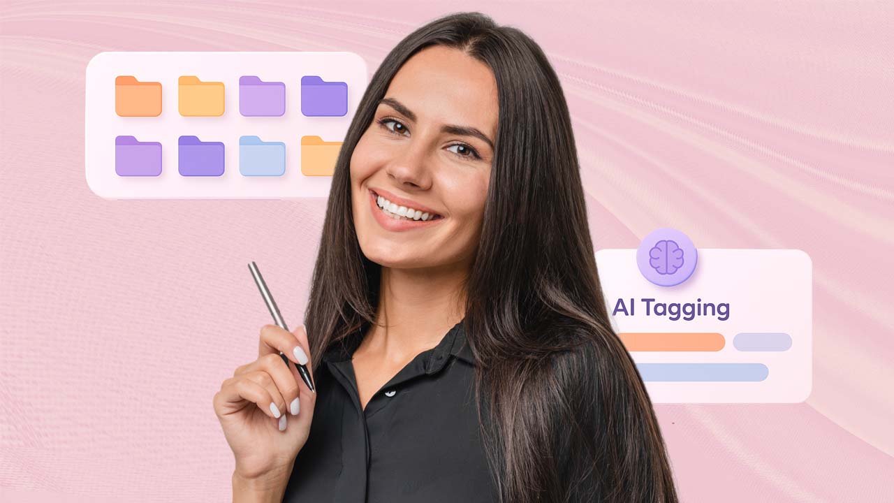 Smiling woman holding a pen beside folders and an AI tagging label