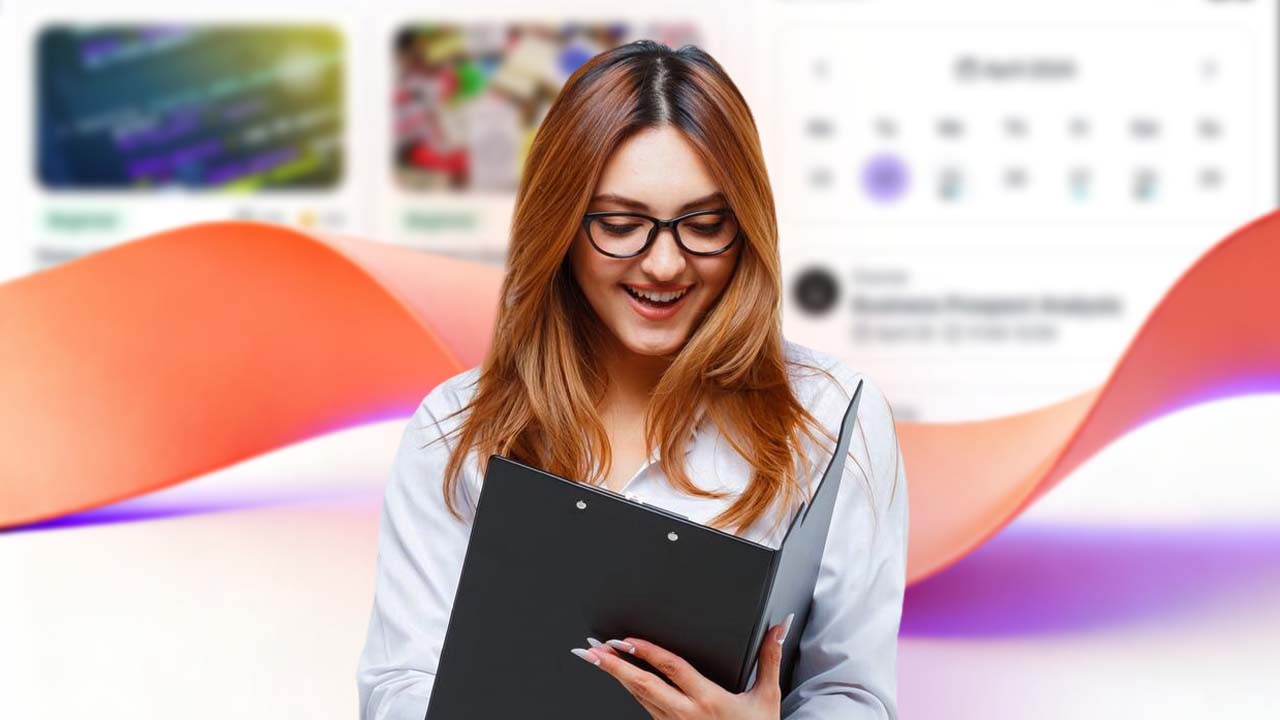Smiling woman in glasses holding a clipboard in front of a course calendar