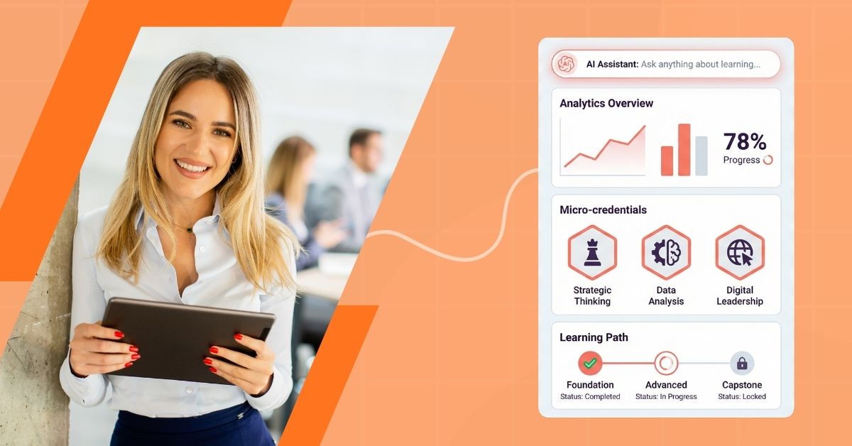 Smiling woman with a tablet beside an Auzmor LMS screen of analytics, micro-credentials and a learning path