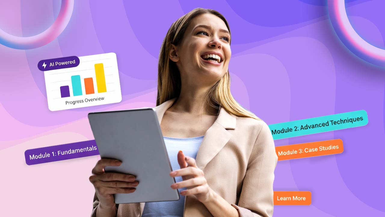 Woman smiling at a tablet with AI-powered progress charts and course module tags
