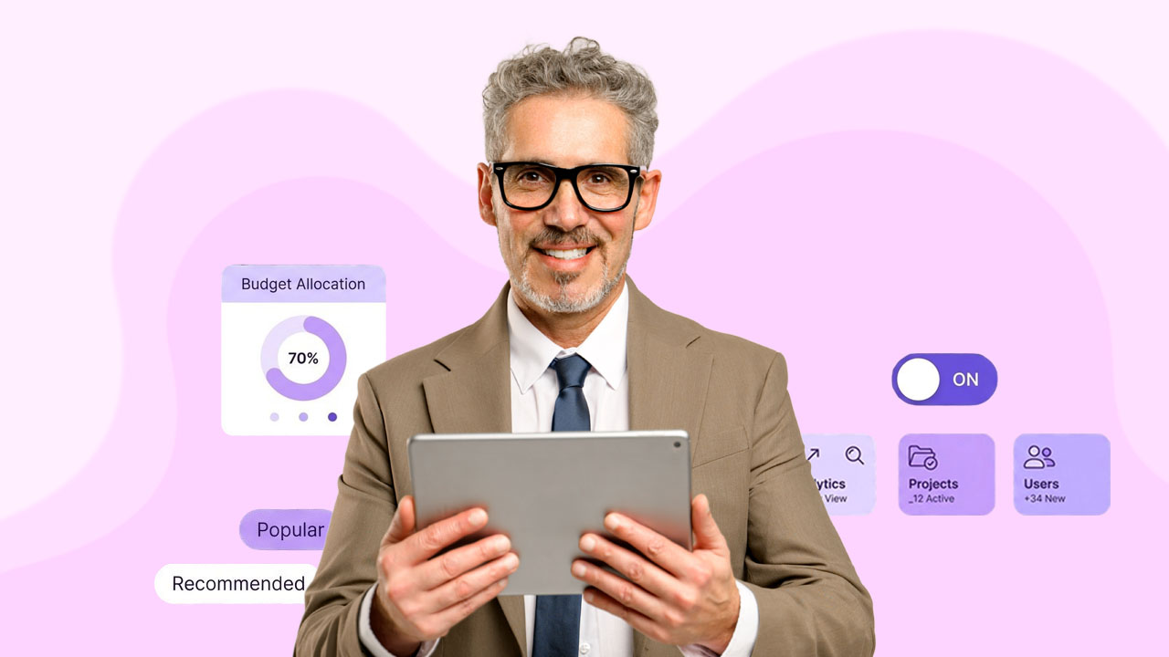 Senior manager holding a tablet beside budget allocation and internal mobility cards