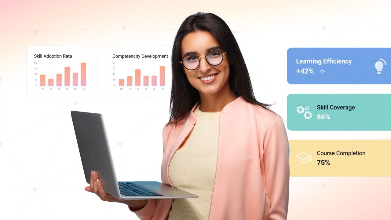 Smiling woman holding a laptop beside learning efficiency, skill coverage and course completion cards