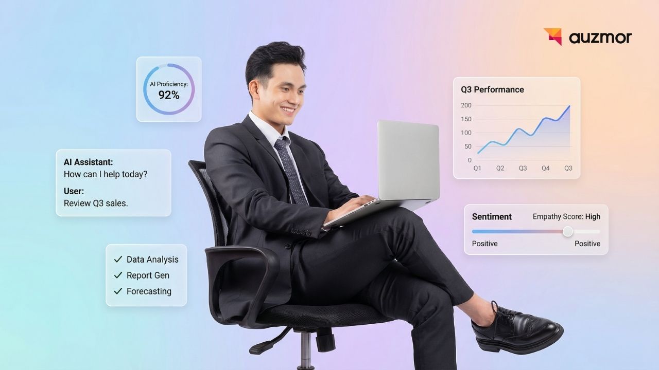 Businessman on a laptop beside an AI assistant chat, sales performance chart and sentiment score