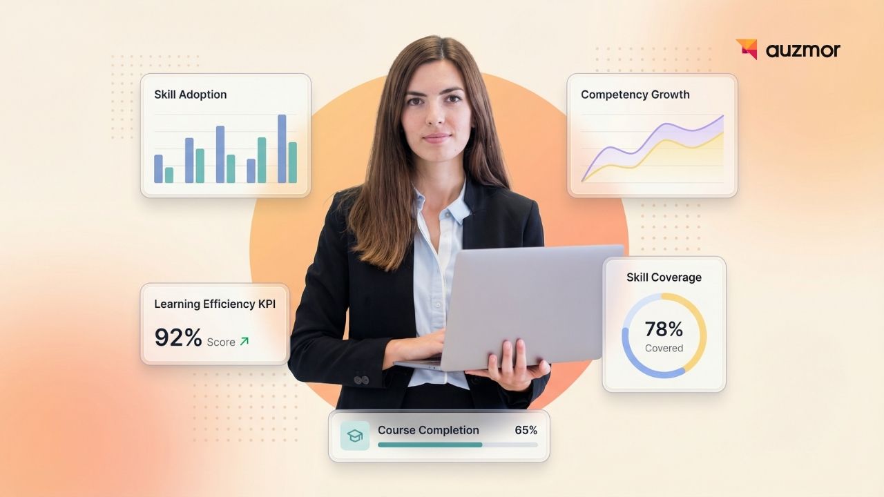 Woman holding a laptop beside skill adoption, competency growth, learning efficiency and course completion charts