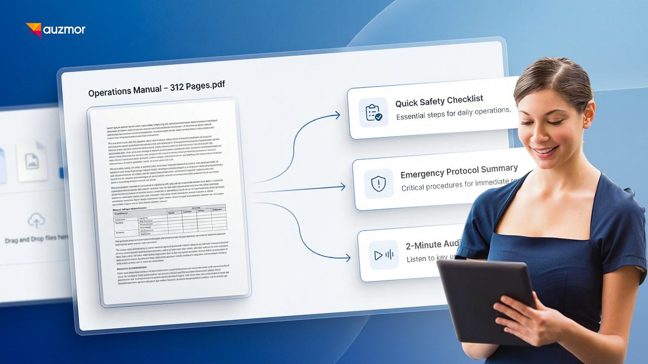 Woman with a tablet next to a 312-page operations manual turned into a safety checklist, protocol summary and short lesson