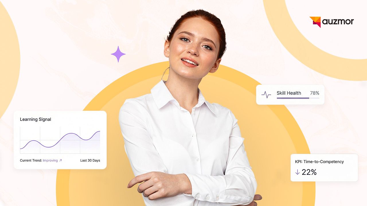 Smiling woman beside a learning signal chart, skill health score and a 22% drop in time to competency