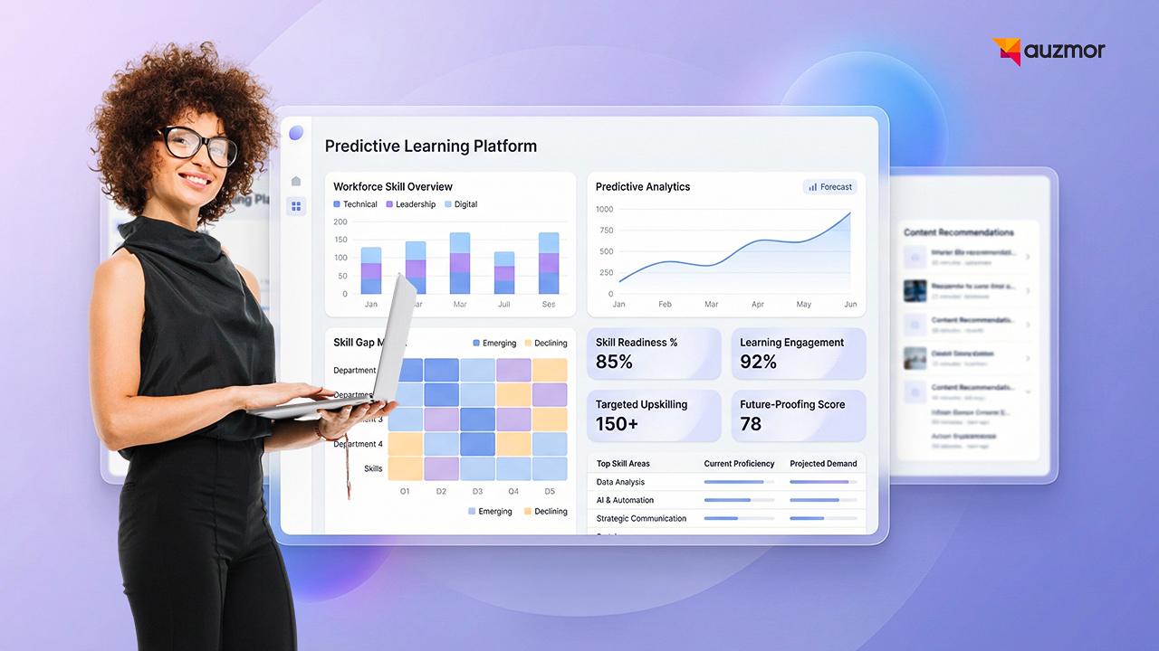 Woman with a laptop beside a predictive learning platform showing skill gap heatmaps and predictive analytics