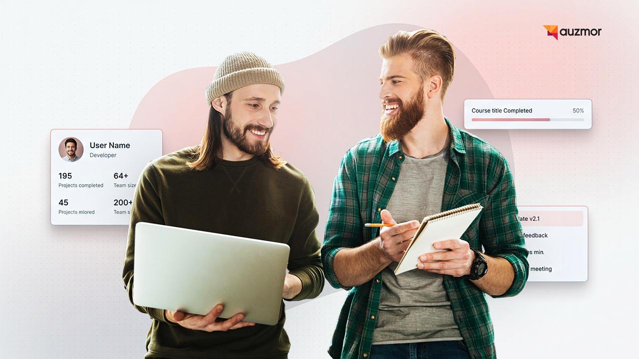 Two colleagues with a laptop and notebook beside a user profile and course completion card