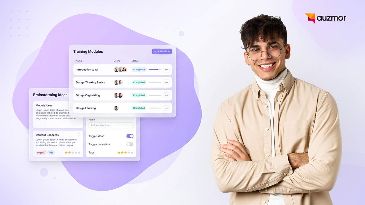 Smiling man with crossed arms beside AI training module and brainstorming idea cards