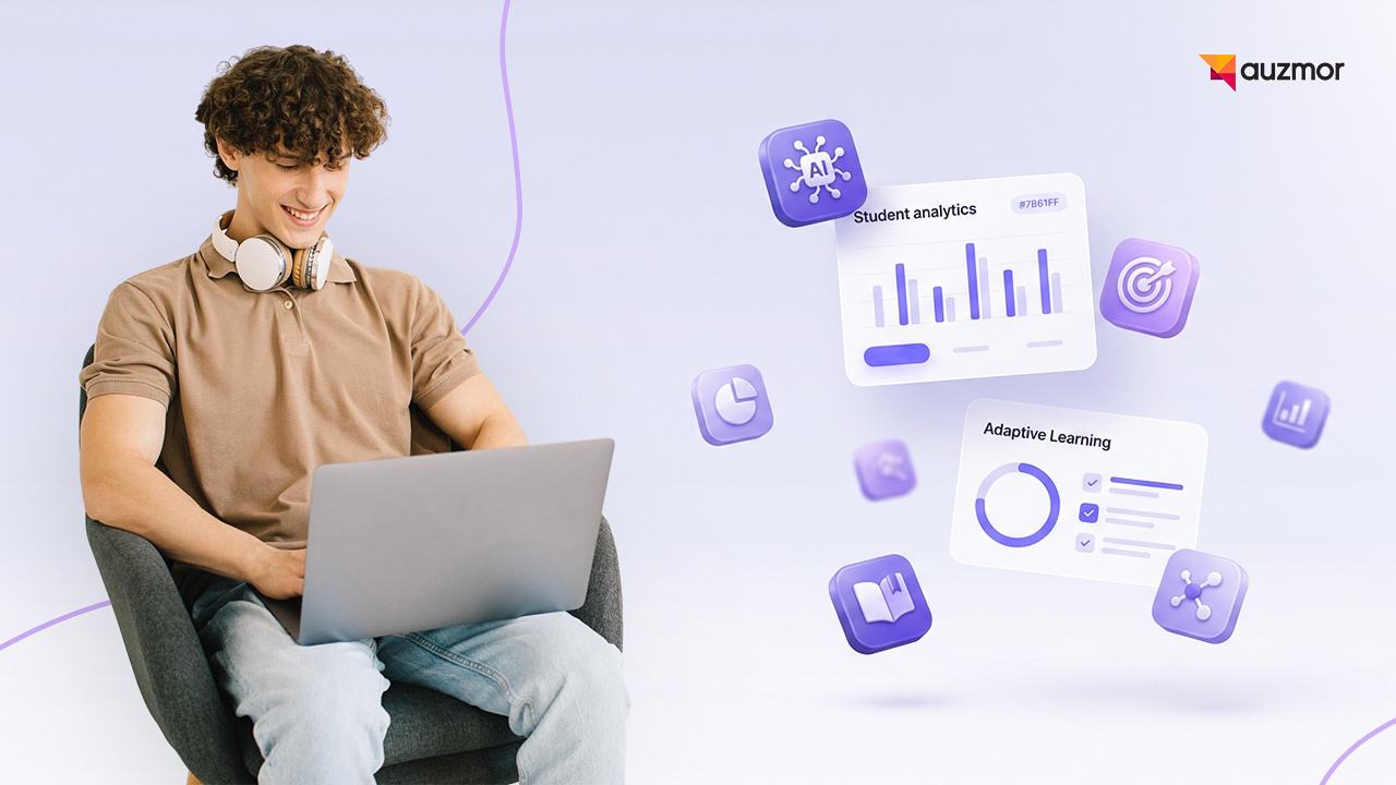 Student with headphones on a laptop beside floating student analytics and adaptive learning icons