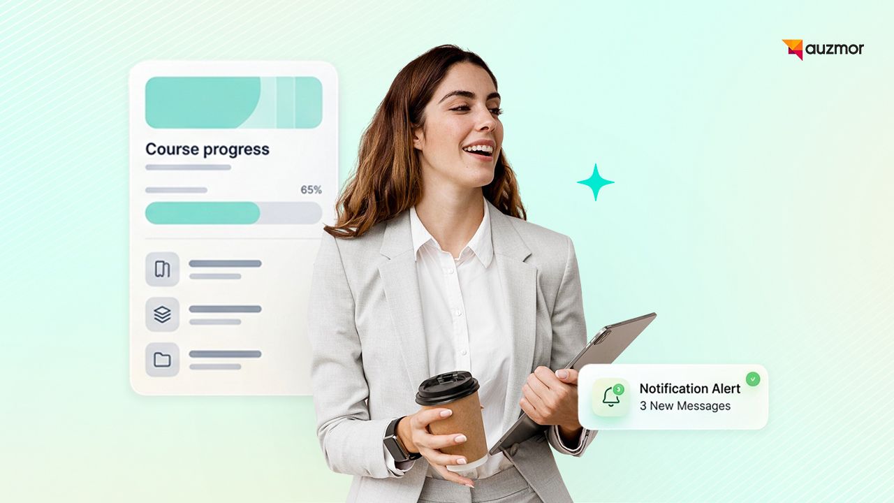 Woman holding coffee and a tablet next to a course progress card and a notification alert
