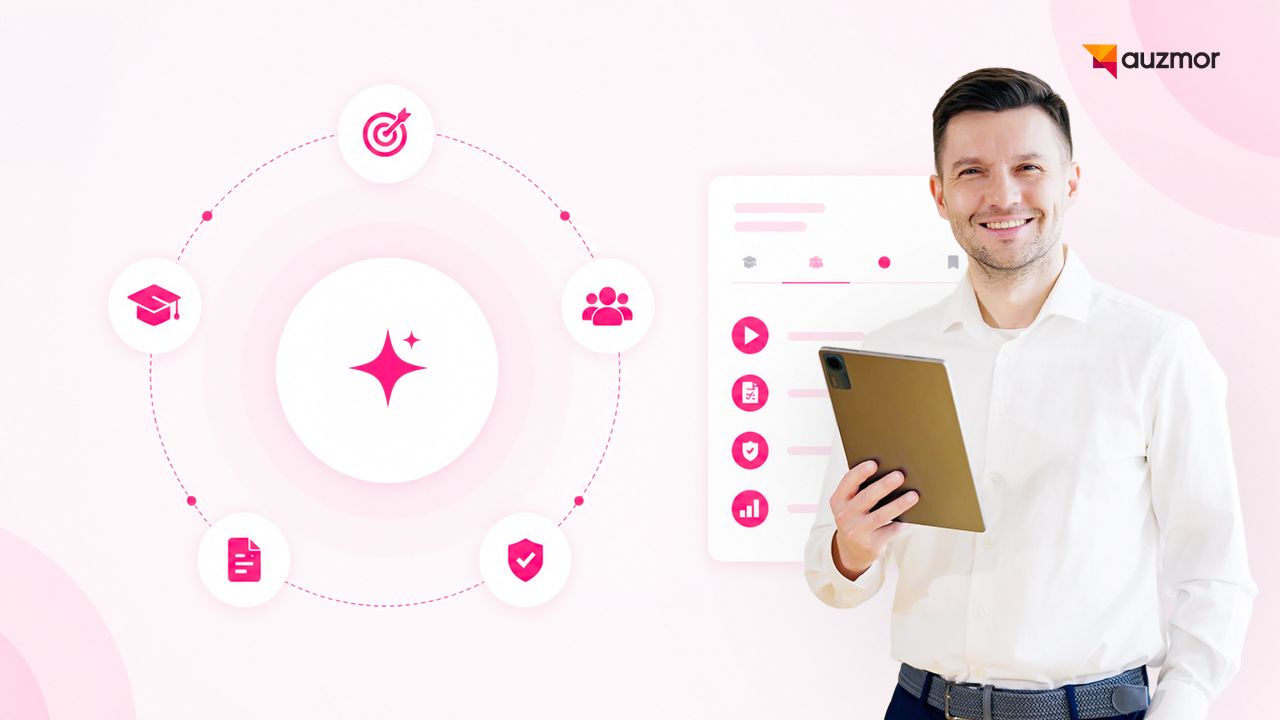Smiling man holding a tablet next to a connected learning ecosystem diagram