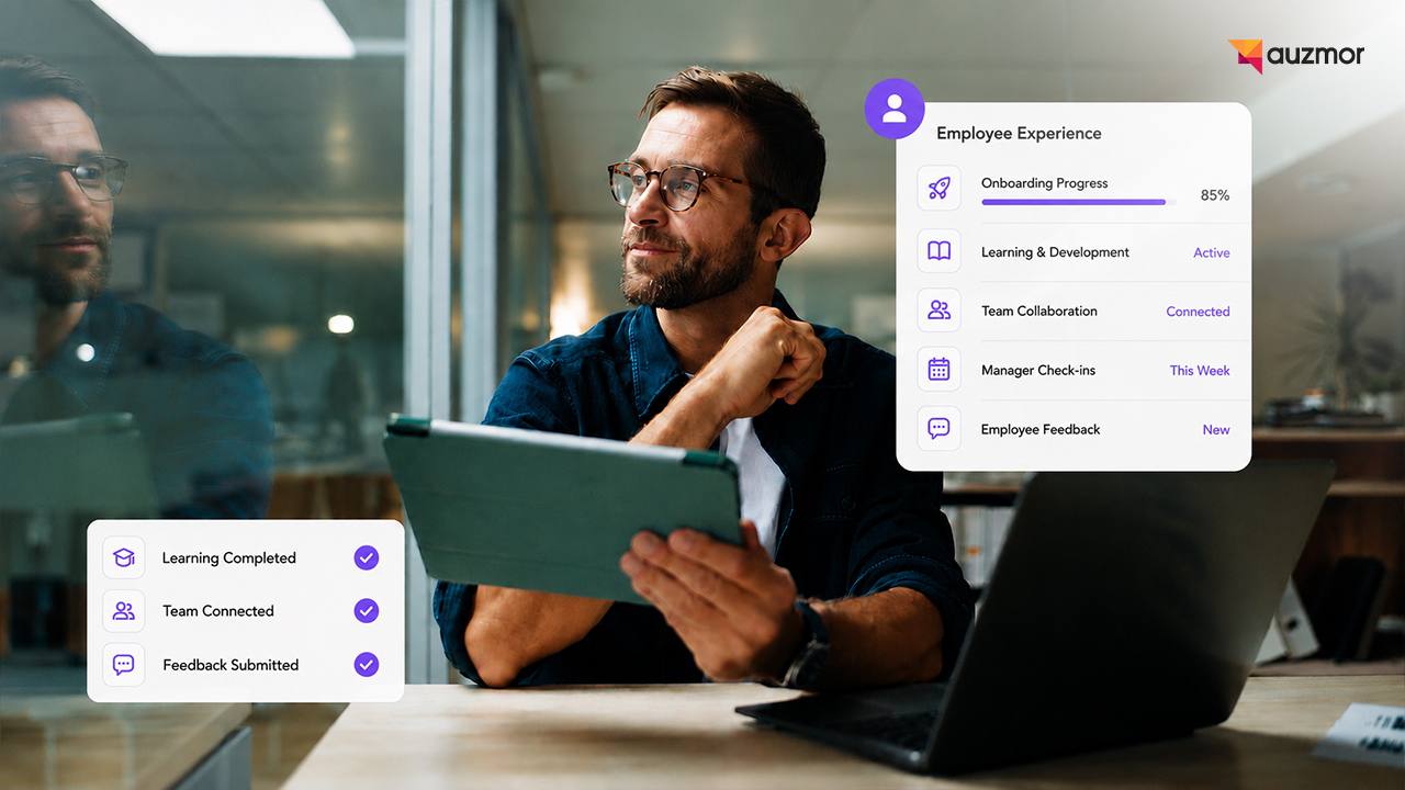 Employee on a tablet next to an employee experience checklist of onboarding, learning and feedback tasks