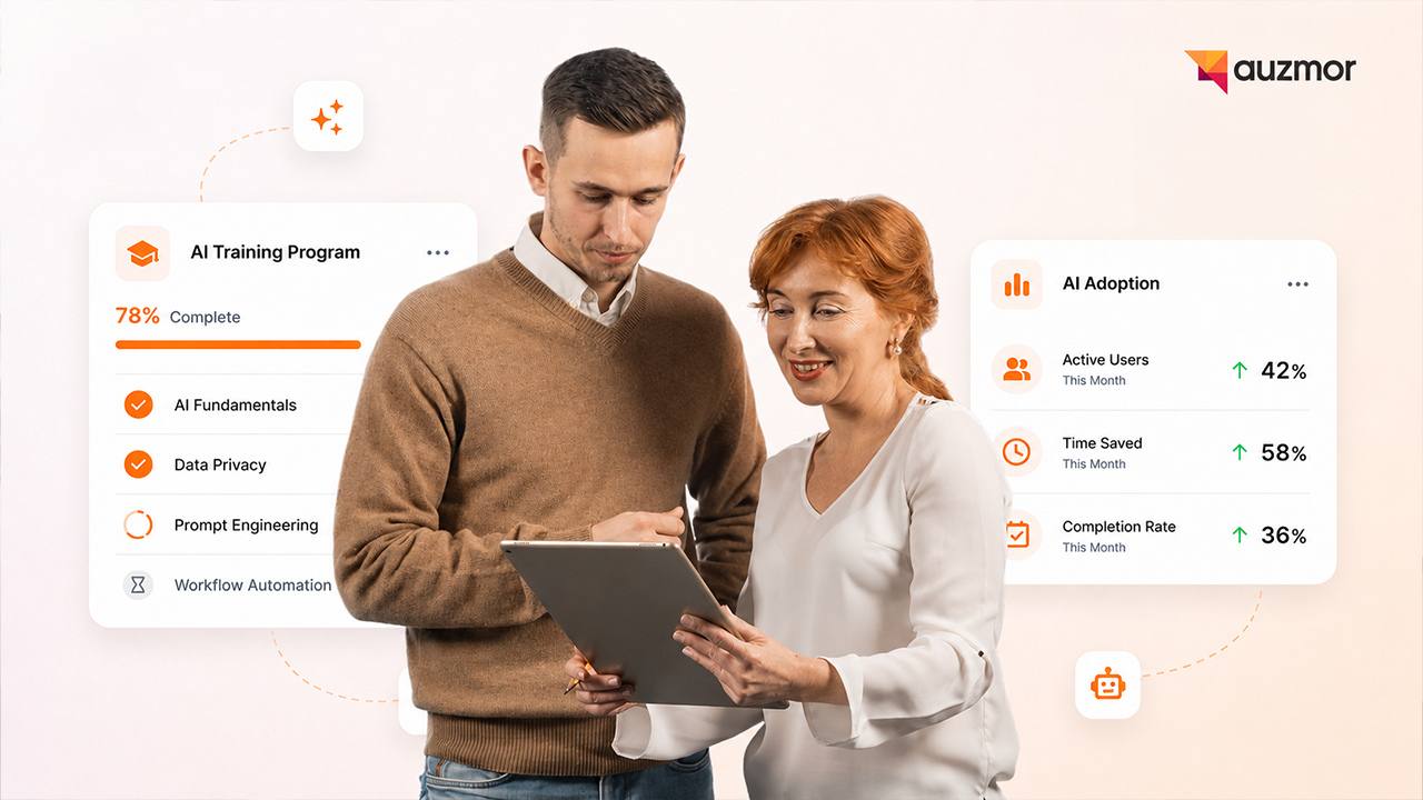Two colleagues reviewing a tablet beside an AI training program progress card and AI adoption stats