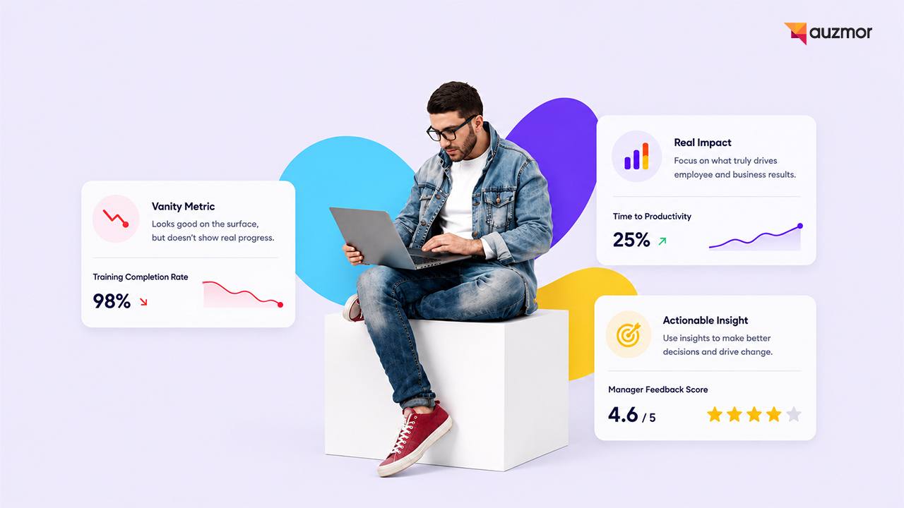 Man on a laptop between vanity metric cards and real impact and actionable insight cards