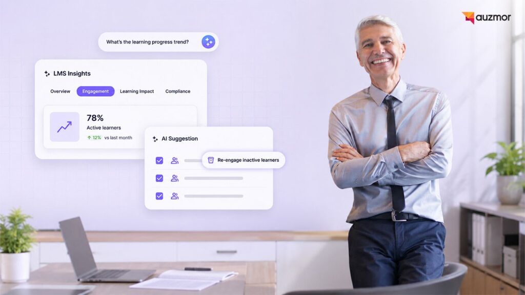 Confident manager with crossed arms next to an LMS insights dashboard with AI suggestions