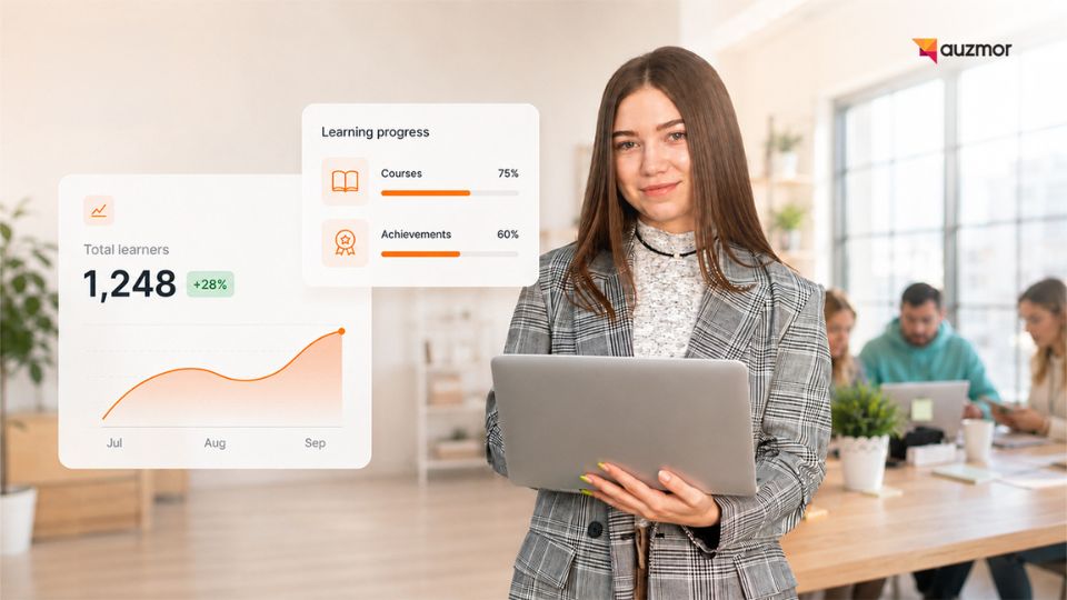 Woman holding a laptop next to a learning dashboard showing 1,248 total learners and course progress