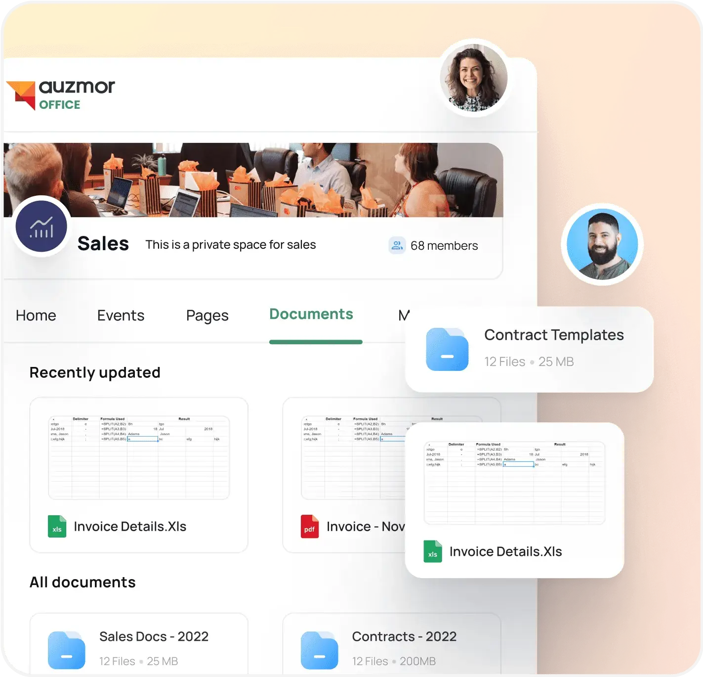 Auzmor Office social intranet: the Sales team space with documents, invoices and contract templates