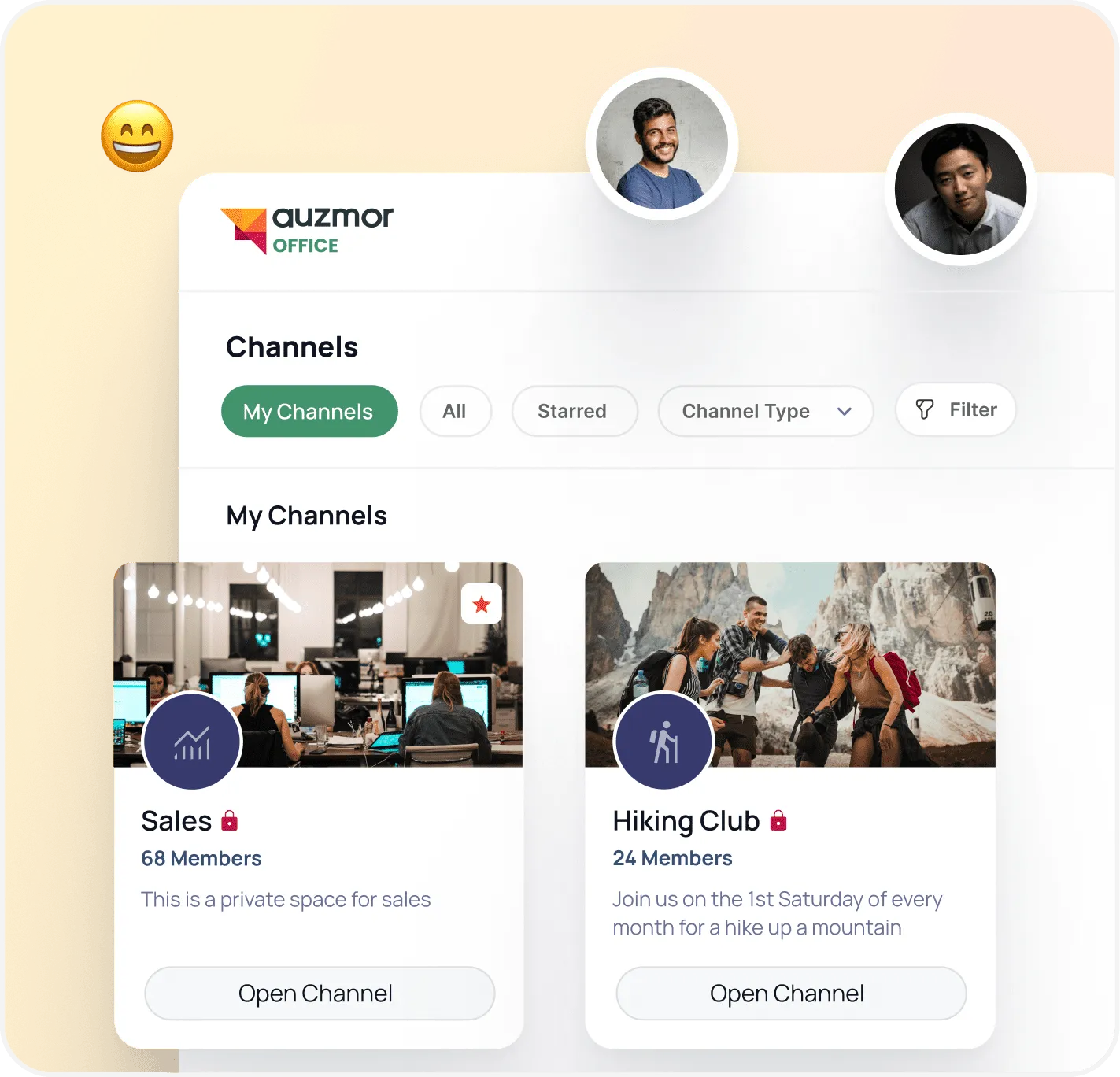 Auzmor Office channels: Sales and Hiking Club channels with member counts