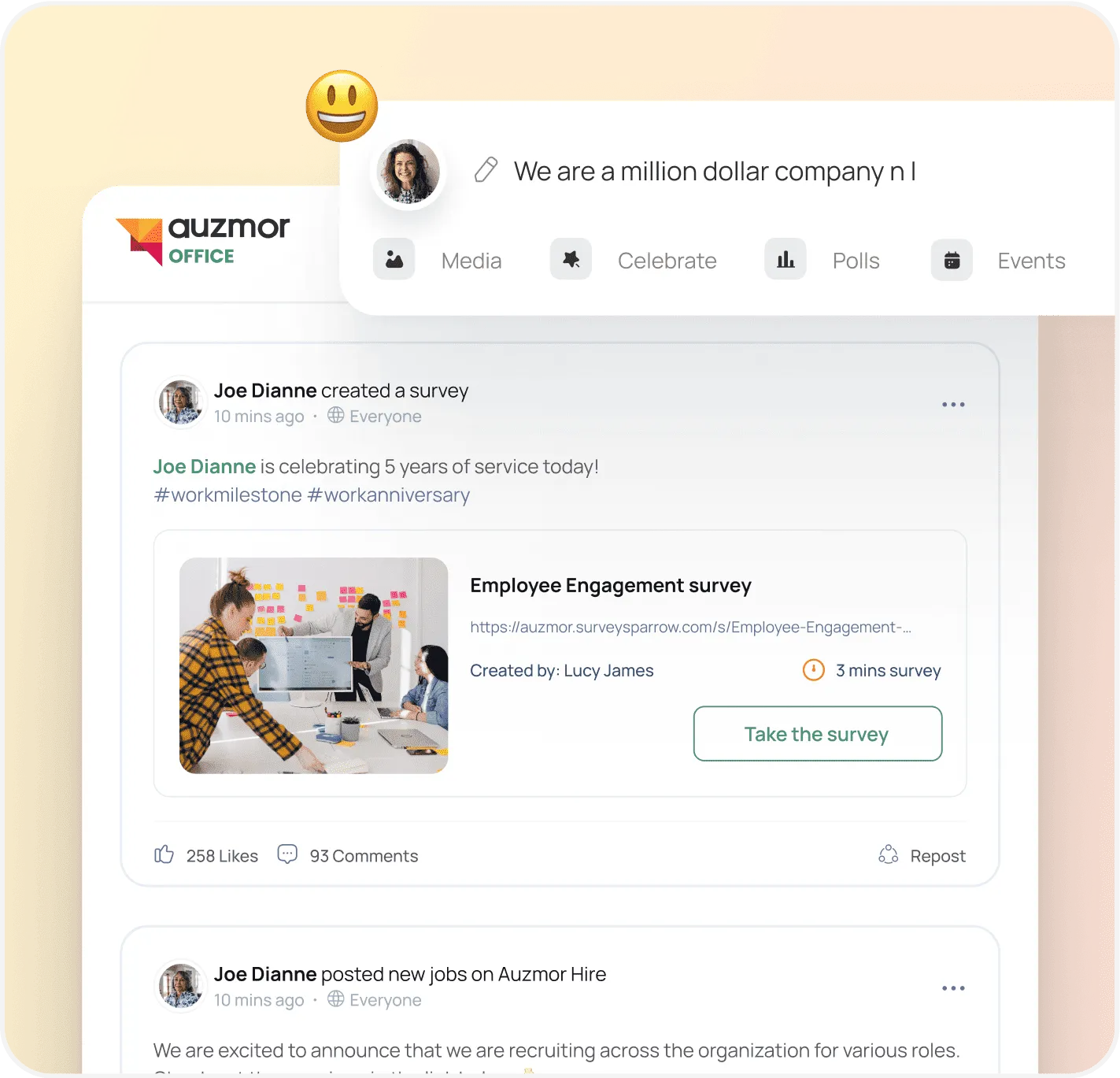 Auzmor Office social feed: posts, an employee engagement survey and company announcements