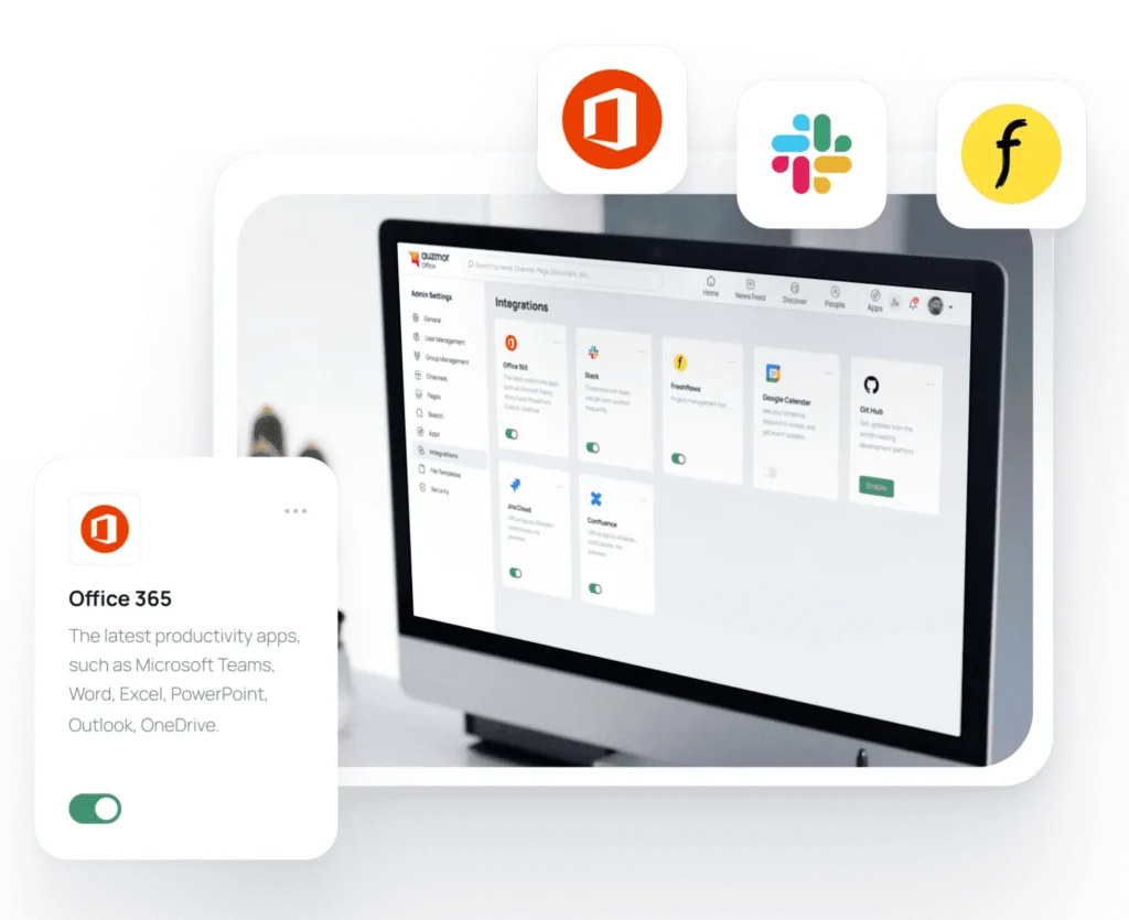 Auzmor Office workspace integrations: Office 365, Slack and more connected on a desktop screen
