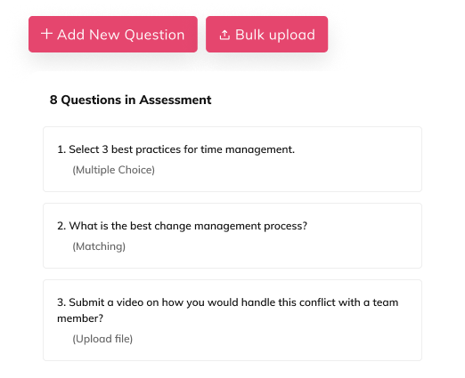 Auzmor Learn assessment builder listing multiple-choice, matching and video-upload questions
