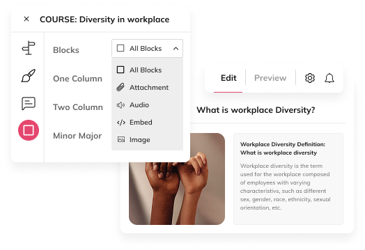Auzmor Learn authoring tool building a Diversity in workplace course with content blocks