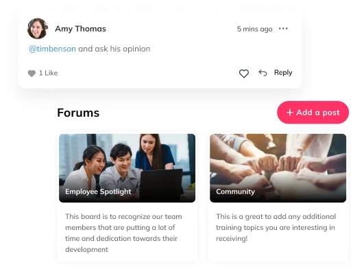 Auzmor Learn forums page with Employee Spotlight and Community boards and a liked post