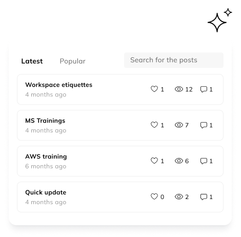 Auzmor Learn discussion feed listing course posts with likes, views and comments for team collaboration