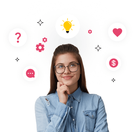 Thoughtful employee surrounded by idea, question and chat icons, sharing her knowledge