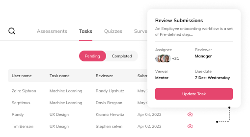Auzmor Learn checklist tasks list with a reviewer approving an employee onboarding submission