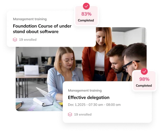 Auzmor Learn management training courses showing 83% and 98% completion rates
