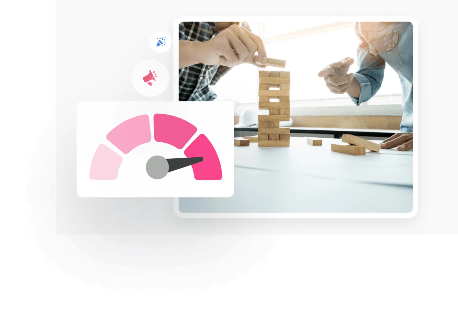 Emotional engagement: a learner's engagement gauge beside colleagues playing a block-stacking game