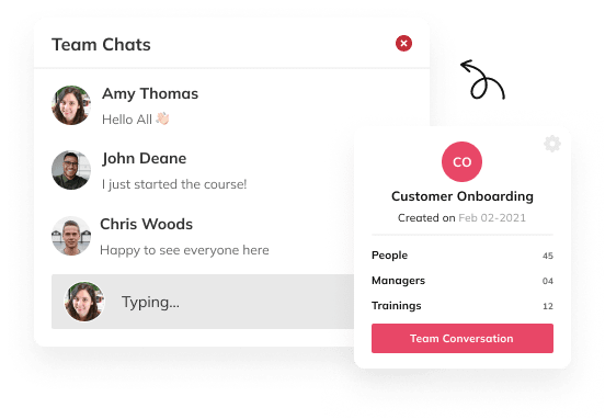 Auzmor Learn team chat with colleagues and a Customer Onboarding group showing people and trainings
