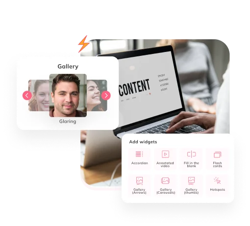 Auzmor Learn authoring tool adding interactive widgets such as a gallery and flashcards to a course