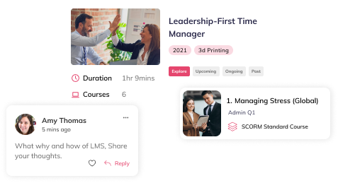 Auzmor Learn learning path for first-time managers combining courses, with a learner comment