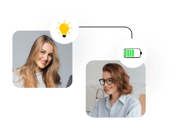 Mentor and team member photos linked by an idea bulb and full-energy battery icon