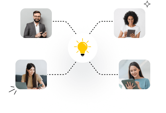 Colleagues connected around a shared idea bulb, exchanging ideas in one central place