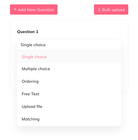 Auzmor Learn quiz builder with question types such as single choice, multiple choice, ordering and free text