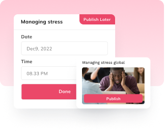 Auzmor Learn schedule course launch form with date, time and Publish Later option