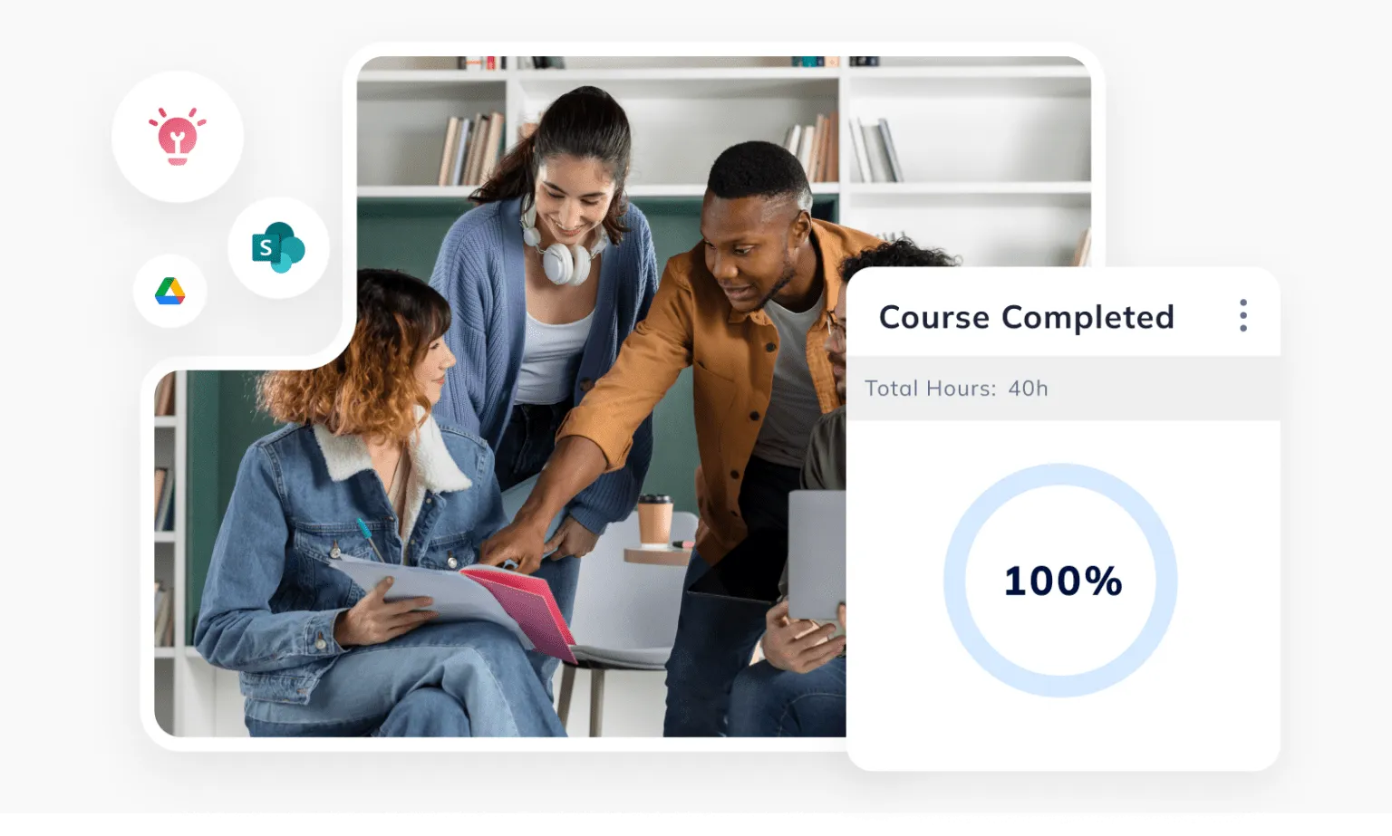 Social engagement: learners collaborating in a group with a 100% course completed card