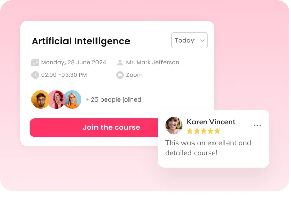 Auzmor LXP live course: an Artificial Intelligence session with 25 people joined and a learner review